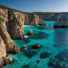 Fototapeta premium A secluded cove with dramatic cliffs and aquamarine waters.