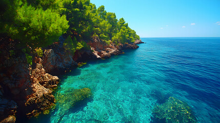 Vibrant Turquoise Ocean Coastline with Lush Green Trees