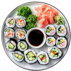 Colorful Assortment of Sushi Rolls with Fresh Vegetables and Accompaniments on a White Plate