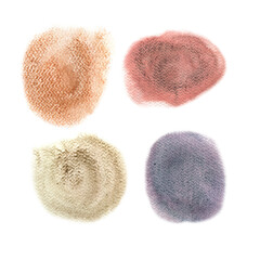 Set of four watercolor stains in soft pastel tones with natural granulation. Abstract artistic textures for backgrounds, branding and creative designs. Perfect for modern and minimal compositions.