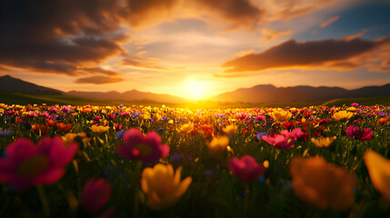 Fototapeta premium Vibrant Wildflower Field at Sunset