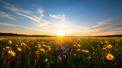 Fototapeta premium Vibrant Wildflower Meadow at Sunset