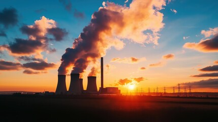 Coal-fired power station smokestacks emitting thick smoke at sunrise, concept of air pollution and fossil fuel energy