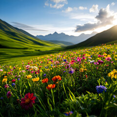 Fototapeta premium Vibrant Wildflower Meadow in Mountain Valley at Sunset