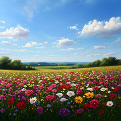 Vibrant Wildflower Meadow Under Sunny Sky