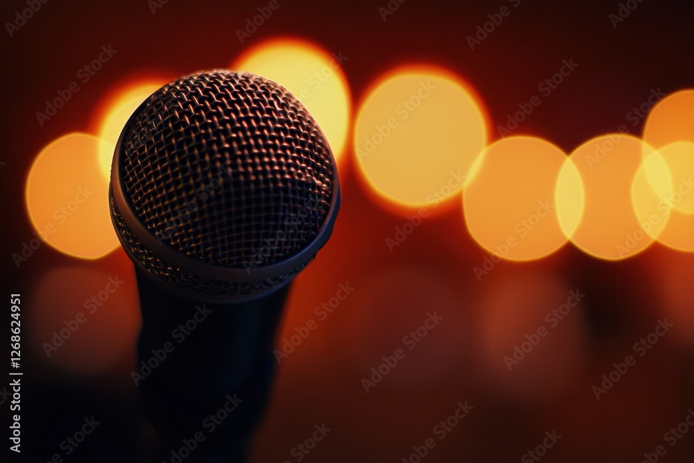 Leinwandbilder Close up view of a microphone with glowing lights in the background during a live music performance. Generative AI
