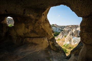 Rocky valley seen from a cave in Cappadocia, Turkey