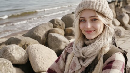 A smiling woman in a cozy outfit poses by the seaside with rocks and waves.