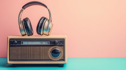 An old radio sits atop another old radio, with a pair of headphones resting on it, all set against a pastel-colored background