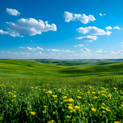 Obraz premium Vibrant Yellow Wildflowers in a Green Rolling Field Under a Blue Sky