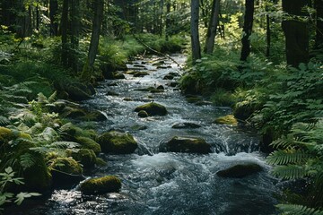 Obraz premium River forest water flowing stream and tall tree wild jungle and rock stone wet woodland