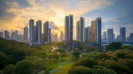 Cityscape sunset view with modern buildings and green parks in a urban setting landscape
