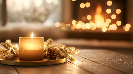 Warm Candlelight and Fireplace Glow on Wooden Table
