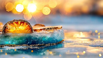 Frozen citrus dessert, sunset bokeh, winter, ice, culinary art