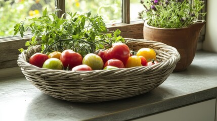 Rustic wicker basket of farmfresh tomatoes in natural light