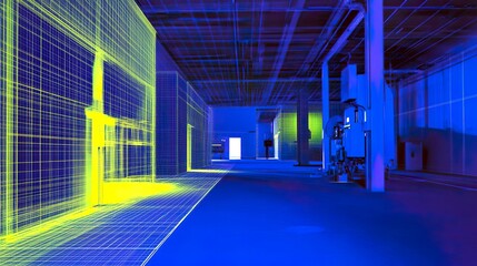 Single-photon laser scanning a distant object with 3D grid overlay, showcasing advanced LiDAR precision.