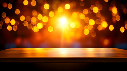 Warm Golden Bokeh Lights on Dark Background with Wooden Table
