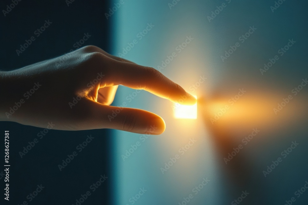 Poster Robotic hand interacts with a virtual glowing button in a futuristic environment. Generative AI