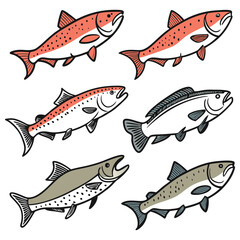 Set of Colorful Fish icon in Drawn Fishing Style