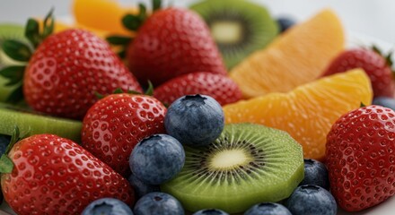 Obraz premium Fresh Fruit Salad with Strawberries Blueberries Kiwi and Orange