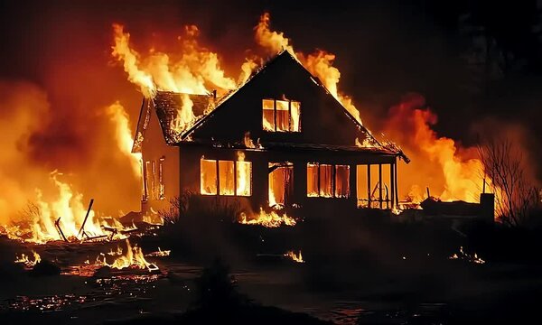 A night-time photograph of a house engulfed in flames, with the fiery glow casting eerie shadows on the surroundings.