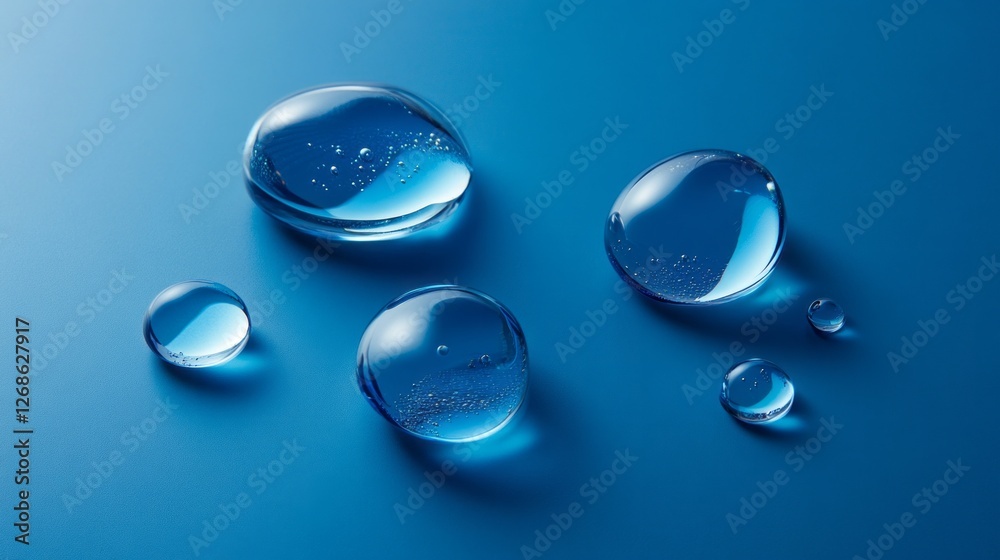 Poster glistening water droplets rest in harmony on a sleek blue surface, reflecting light and creating a s