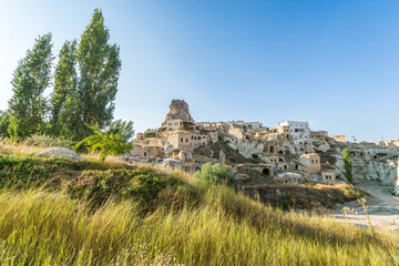 Panoramic view of Uchisar Castle and ancient cave houses in Cappadocia, Turkey