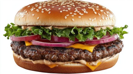 Gourmet Hamburger with Fresh Ingredients on a Toasted Sesame Seed Bun for Upscale Dining Experience