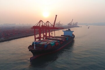Fototapeta premium Container Ship Navigating Harbor at Sunset with Cranes