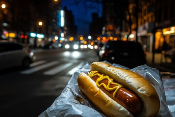 Delicious Hot Dog with Mustard Against Urban Night Background