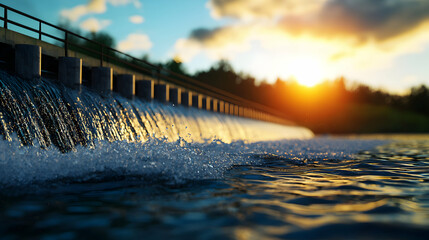 Water Cascading Over Dam at Sunset
