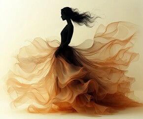 Fototapeta premium Elegant silhouette of a woman in a flowing, layered dress, capturing movement and grace against a soft, neutral background, perfect for fashion and beauty themes.