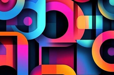 Colorful vector background with abstract shapes and gradients in vibrant colors. Abstract geometric pattern with rounded squares, lines, and circles. Bright color palette for design elements.
