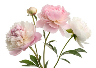 Naklejka premium A close-up of delicate pink and white peonies with soft petals, isolated on a white background. perfect for floral designs, spring, and Mother's Day celebrations. Bright, fresh, and elegant.