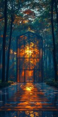 Fototapeta premium Serene glass structure illuminated by sunset in a tranquil forest, reflecting vibrant colors on wet pavement, perfect for nature and architecture themes.