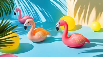 Obraz premium Flamingo toys in motion, vibrant colors, simple yet creative design, evoking joy and playfulness.