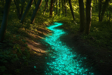 Fototapeta premium Enchanted Forest Pathway with Glowing Bioluminescent Trail at Twilight