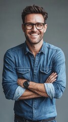 Portrait of happy fashionable handsome man in jeans shirt and glasses crossing hands and smiling