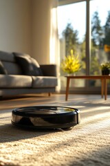 Obraz premium Smart Home Cleaning: Robotic Vacuum Cleaner on Carpet in Sunlit Living Room