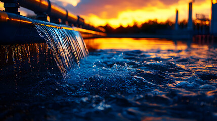 Water Flowing from Industrial Pipes at Sunset