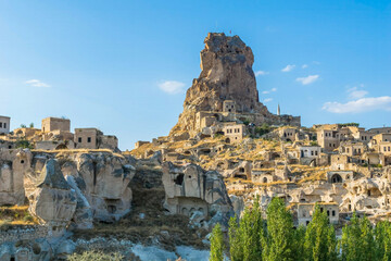 Panoramic view of Ortahisar Castle and cave houses in Cappadocia, Turkey