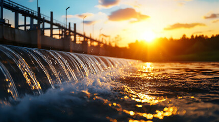 Water Flowing Over Dam at Sunset