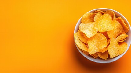 Halal organic snacks for healthy munching. Bowl of heart-shaped potato chips on a vibrant yellow background