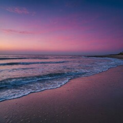 Obraz premium A beach at twilight with the sky painted in shades of pink, purple, and blue.