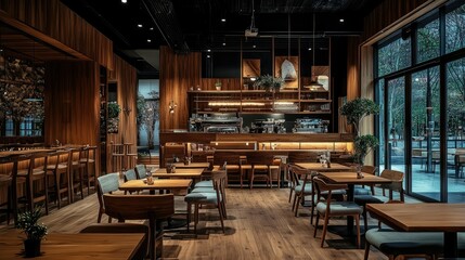 Elegant wood-inspired cafe with rich wooden textures, warm lighting, and cozy seating. A perfect mix of rustic and modern.