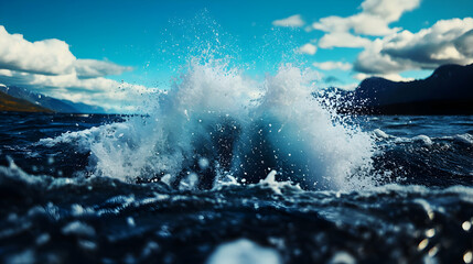 Obraz premium Water Splash Against Mountain Lake Under Blue Sky
