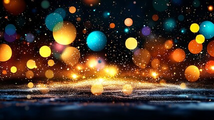 Naklejka premium Festive bokeh lights illuminating dark floor, night scene, product display