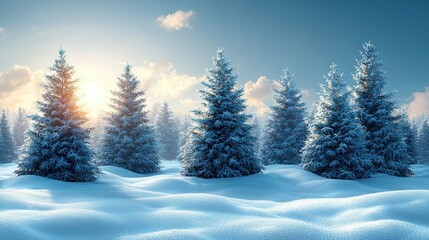 Fototapeta premium Snow-covered landscape with evergreen trees and a bright sun in the background.