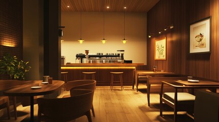 Modern wood-accented cafe featuring a blend of wooden furniture, warm lights, and a minimalist cozy setting.