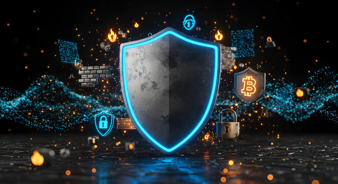 Cybersecurity Shield Protecting Cryptocurrency and Blockchain Technology